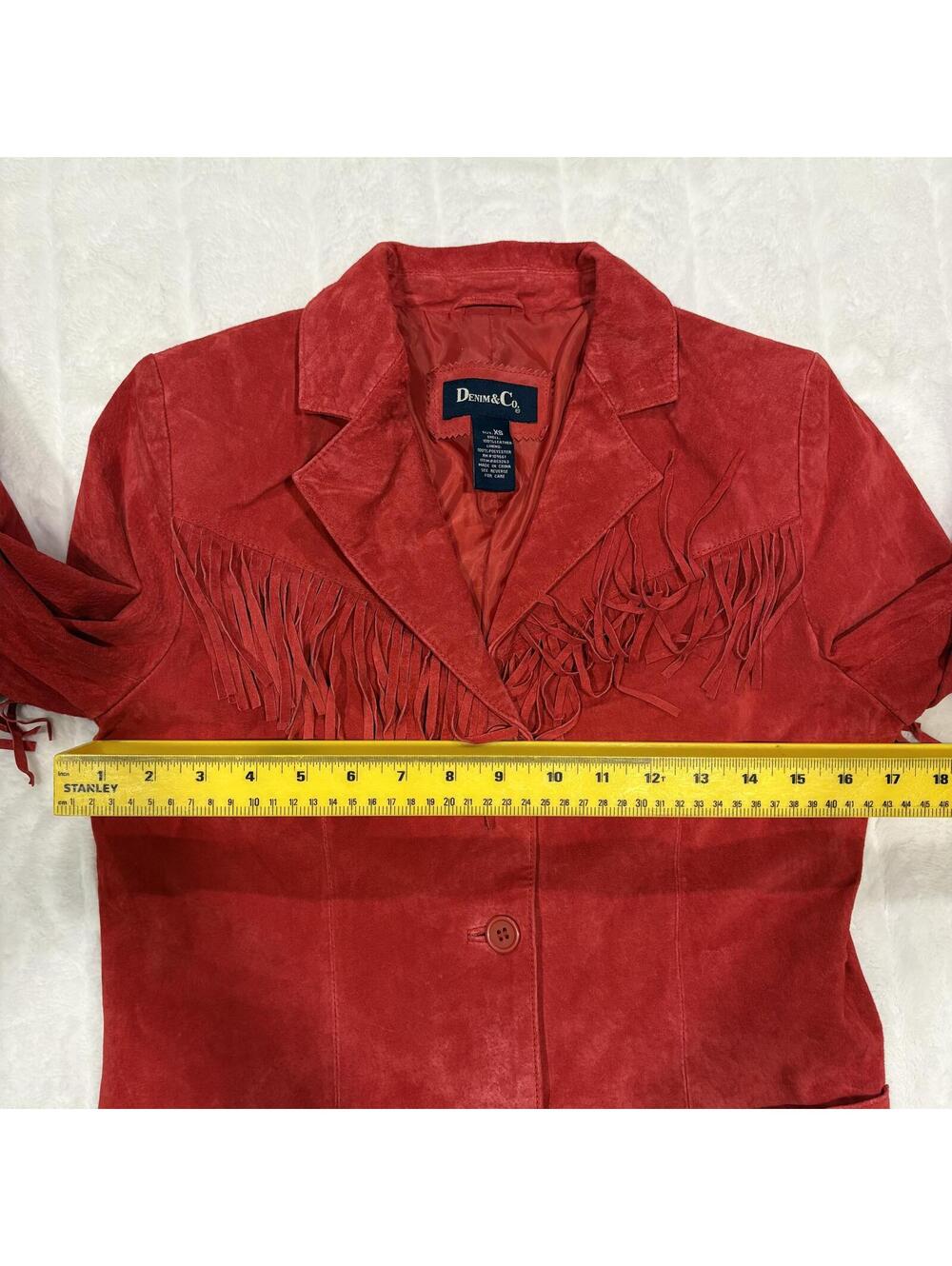 Denim & Co. Women's XS Red Leather Fringe Jacket Suede Stylish Outerwear - Picture 5 of 7